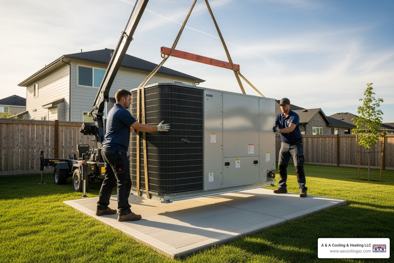 Outdoor heat pump unit being carefully placed on a prepared concrete pad - heat pump installation process