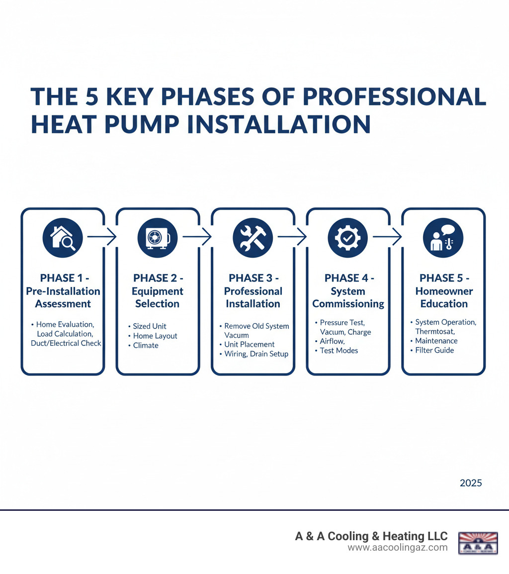 Infographic showing the 5 key phases of professional heat pump installation: Phase 1 - Pre-Installation Assessment (home evaluation, Manual J load calculation, ductwork and electrical inspection), Phase 2 - Equipment Selection (choosing properly sized unit, considering home layout and climate), Phase 3 - Professional Installation (safe removal of old system, outdoor unit placement on level pad, indoor unit installation, refrigerant line connections, electrical wiring, condensate drain setup), Phase 4 - System Commissioning (pressure testing, vacuum evacuation, refrigerant charging, airflow verification, testing heating and cooling modes), Phase 5 - Homeowner Education (system operation walkthrough, thermostat programming, maintenance schedule, filter replacement guidance) - heat pump installation process infographic 