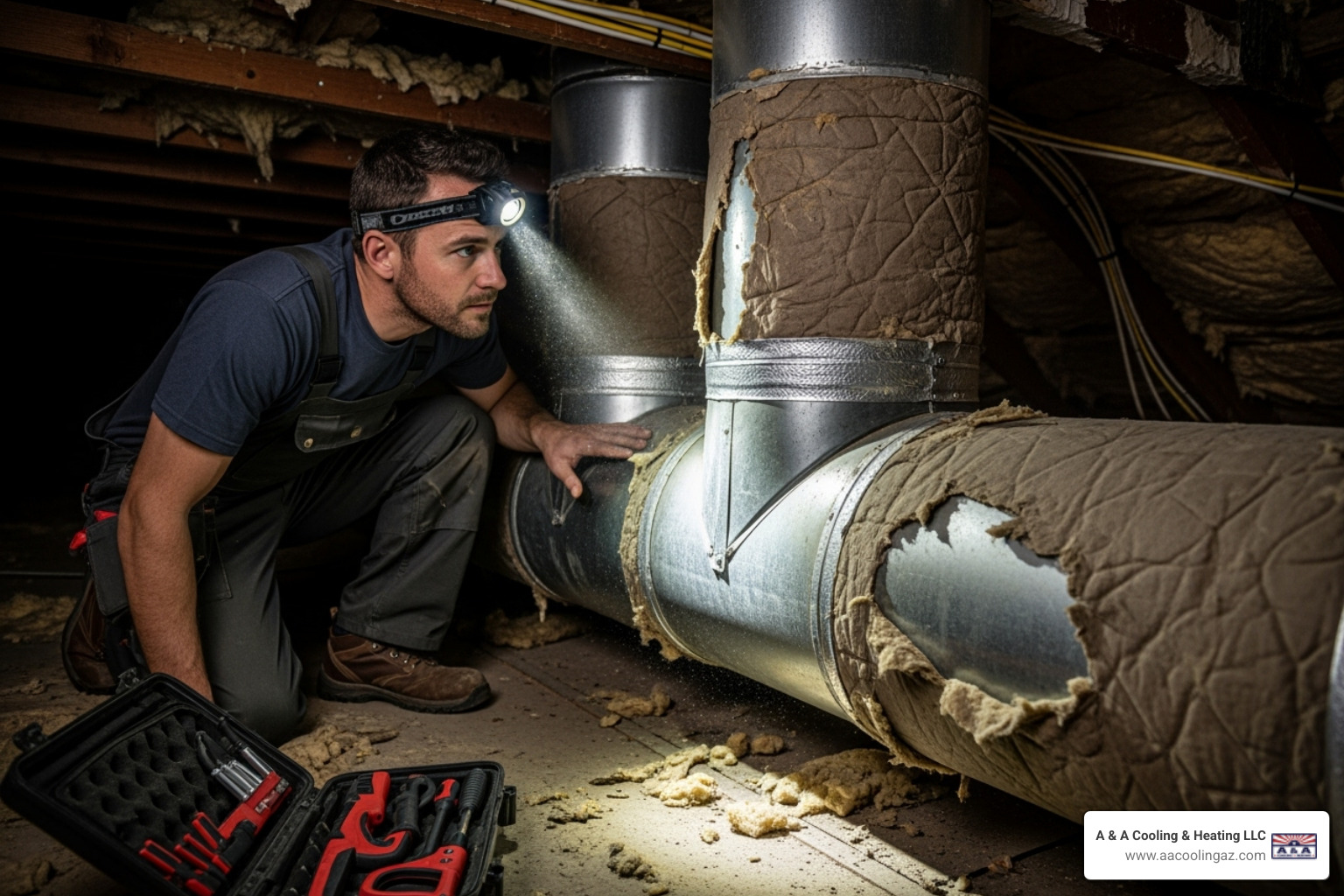 Technician inspecting existing ductwork in an attic - heat pump installation process