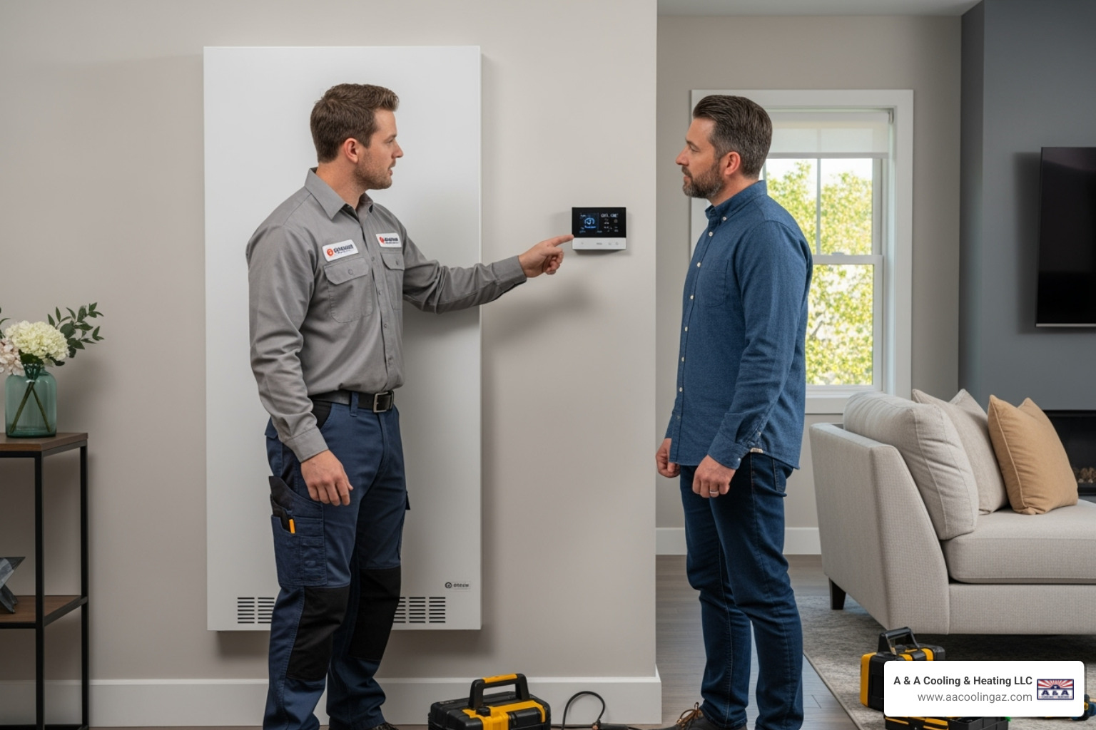 Technician educating homeowner on heat pump operation - heat pump installation process