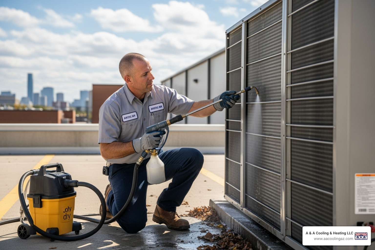 technician cleaning coils of a commercial AC unit - Commercial AC repair Phoenix