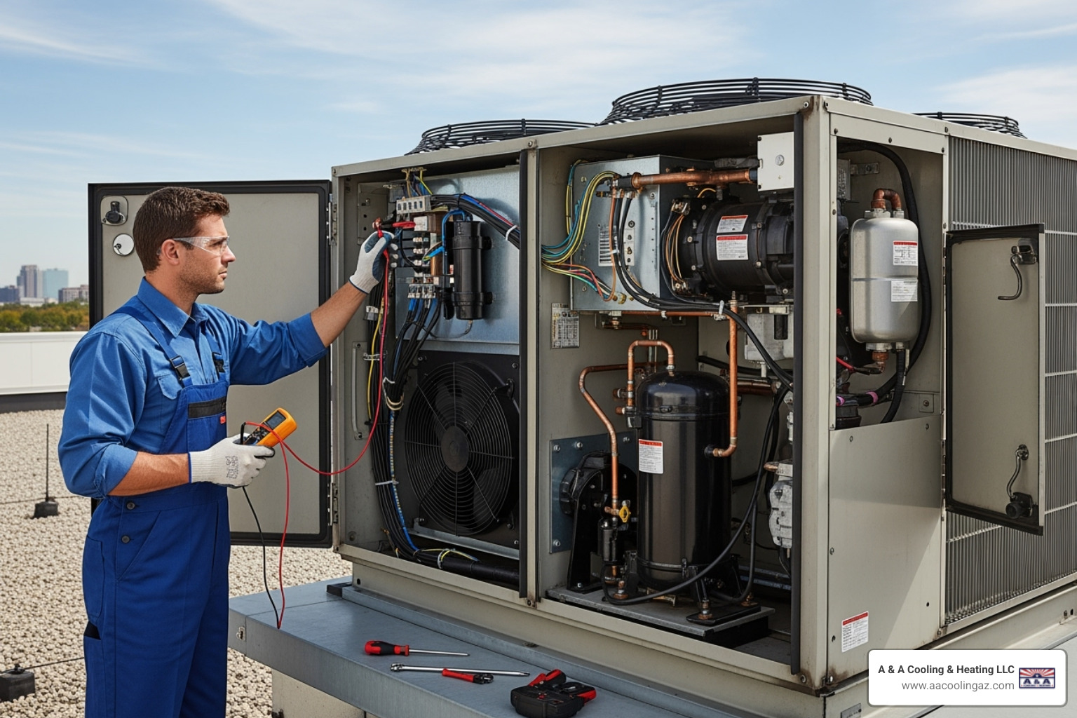 technician inspecting internal components of a commercial rooftop AC unit - Commercial AC repair Phoenix