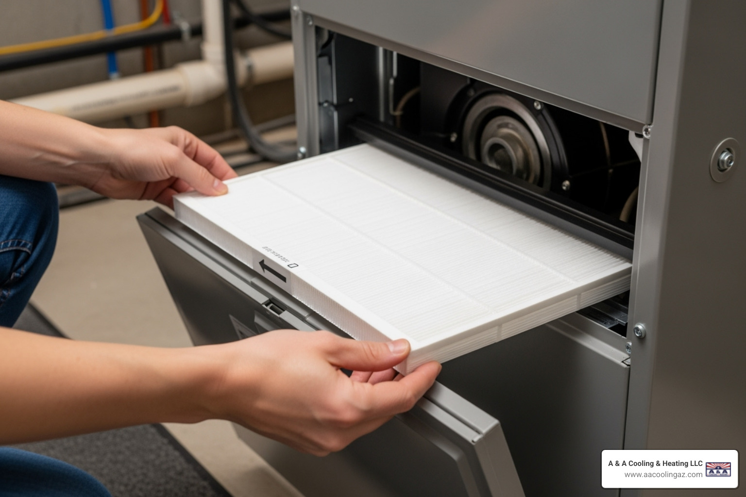 Homeowner easily sliding a new, clean air filter into an indoor unit - Professional AC maintenance