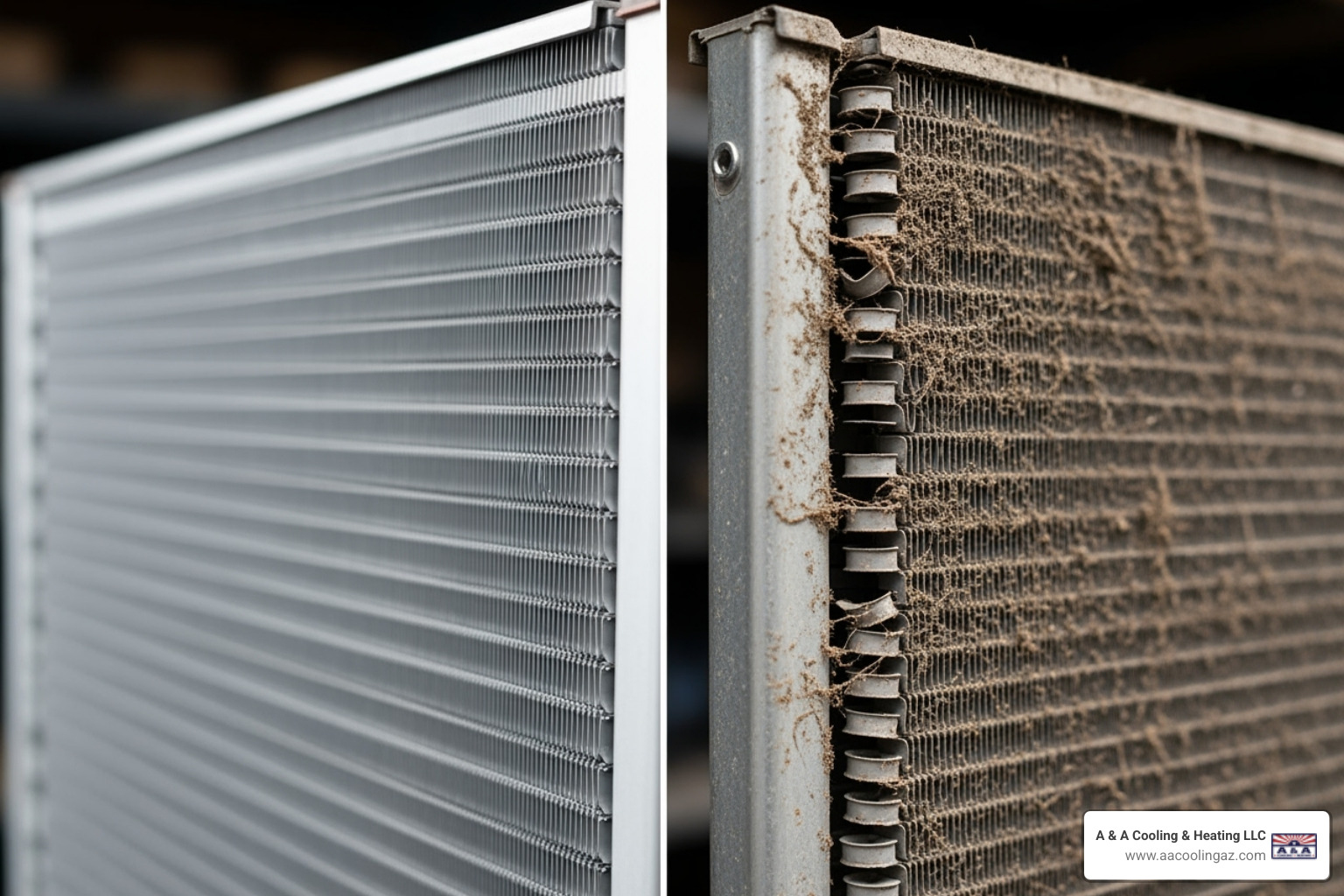 Clean AC coil next to a dirty, clogged AC coil - Professional AC maintenance