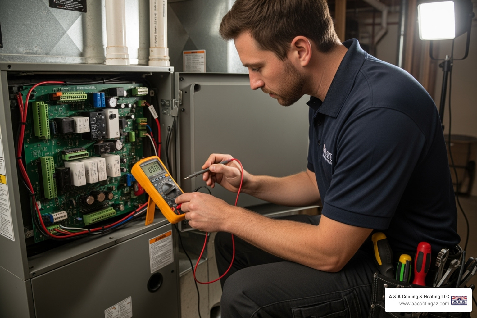 A technician using a diagnostic tool on a furnace control board. - Furnace inspection service A technician using a diagnostic tool on a furnace control board. - Furnace inspection service