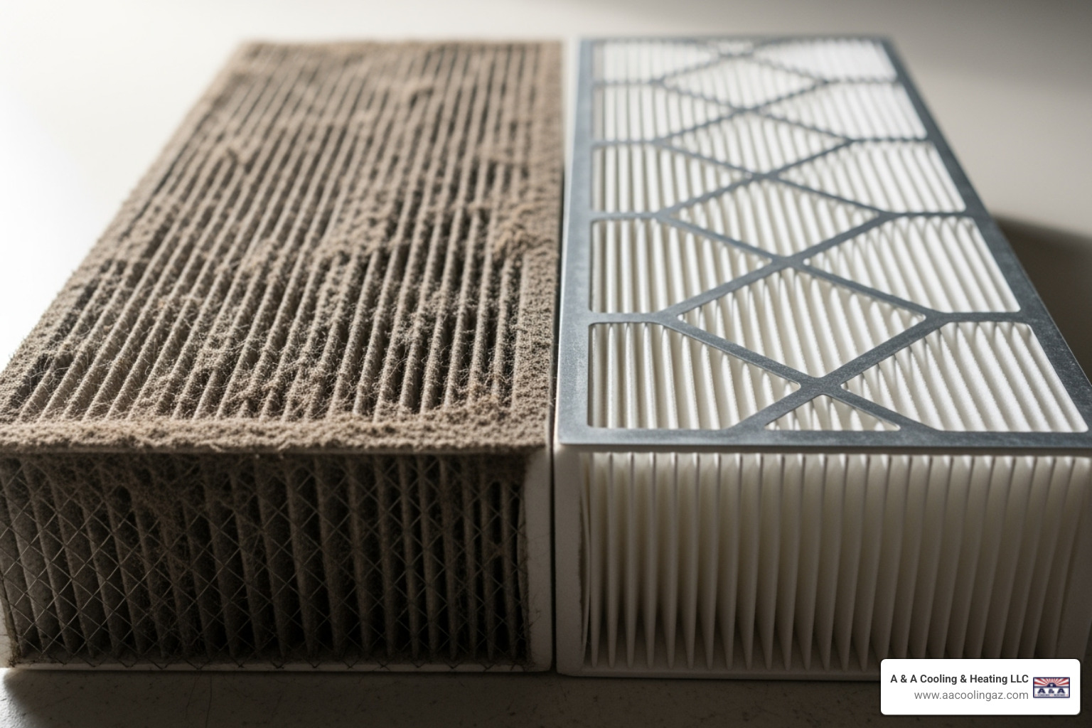 A dirty, clogged furnace air filter next to a clean one. - Furnace inspection service A dirty, clogged furnace air filter next to a clean one. - Furnace inspection service