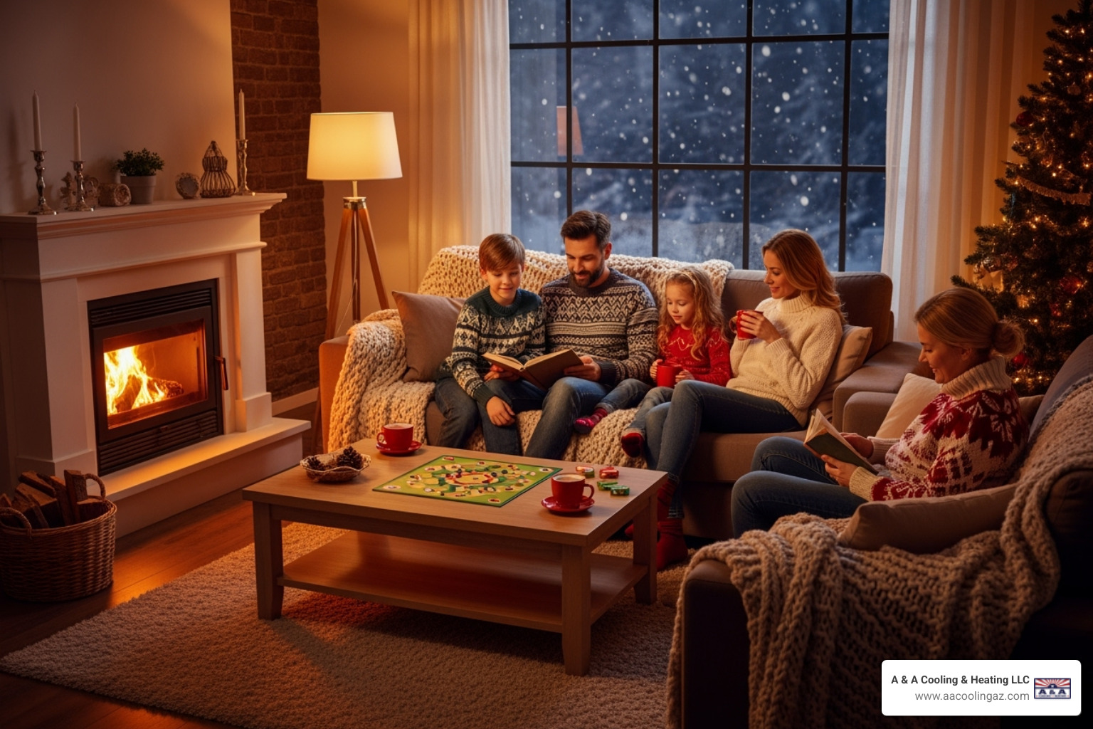 A family comfortably relaxing in their living room during winter. - Furnace inspection service A family comfortably relaxing in their living room during winter. - Furnace inspection service