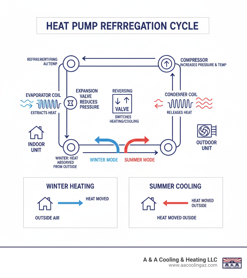 Infographic showing the heat pump refrigeration cycle with four main components: evaporator coil extracting heat, compressor increasing pressure and temperature, condenser coil releasing heat, and expansion valve reducing pressure. Arrows indicate refrigerant flow direction with a reversing valve that switches between heating and cooling modes. Labels show how the system transfers heat from outside to inside in winter and reverses the process in summer. - commercial heat pump installation infographic 