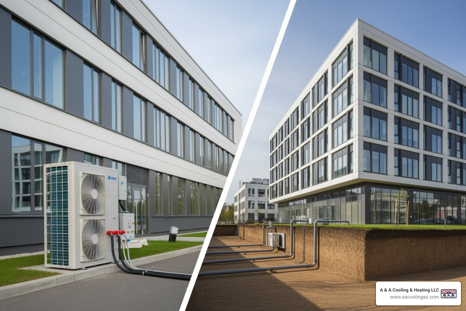 Air-source vs. ground-source heat pump system diagram - commercial heat pump installation