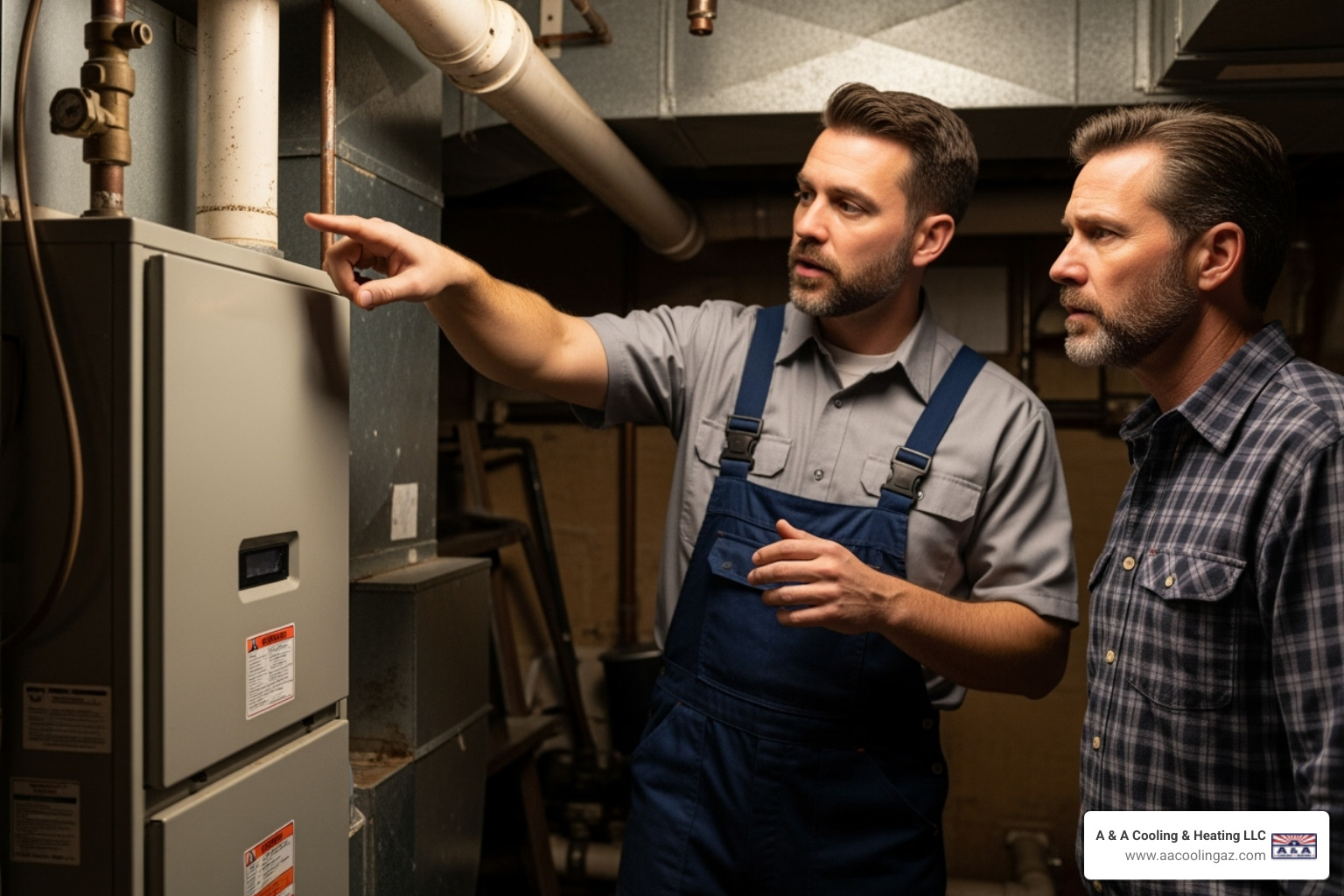 technician showing homeowner an old furnace unit - central heating repair scottsdale