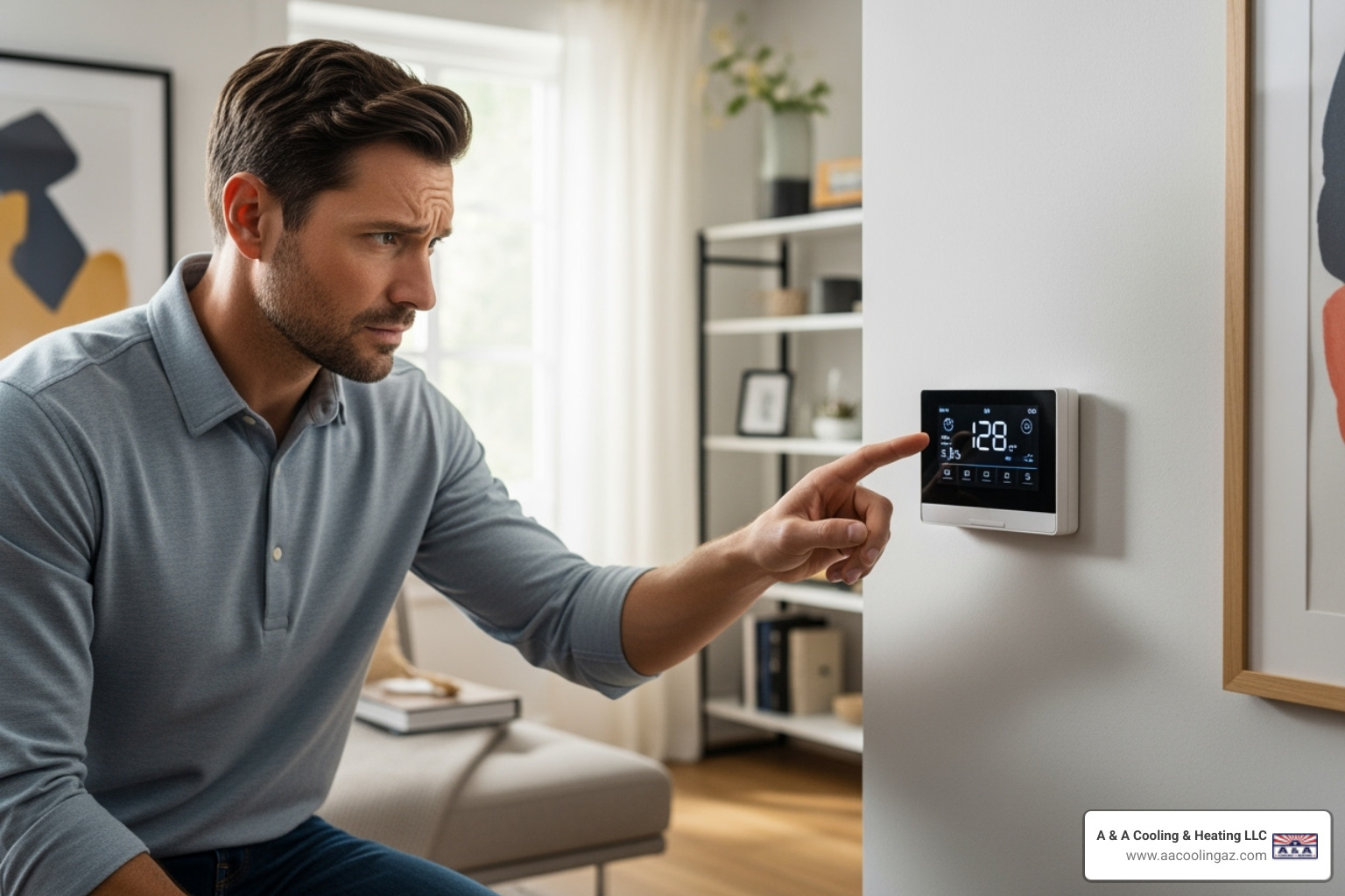 homeowner looking concerned at a thermostat - central heating repair scottsdale