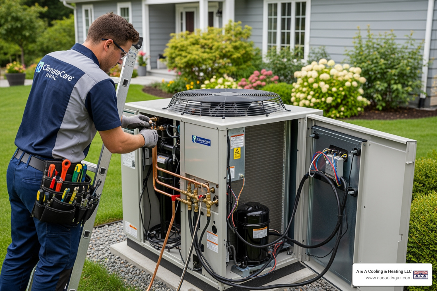 technician installing an outdoor heat pump unit - I need to find a company for heat pump installation in Apache Junction.
