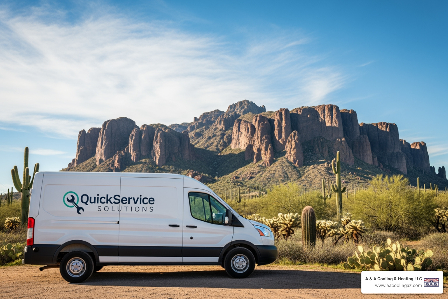 A & A Cooling & Heating LLC service van with Superstition Mountains - I need to find a company for heat pump installation in Apache Junction.