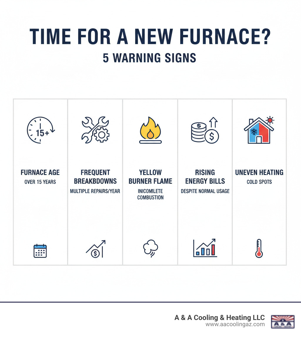 infographic showing five warning signs that indicate furnace replacement is needed: furnace age over 15 years, frequent breakdowns requiring multiple repairs per year, yellow burner flame indicating incomplete combustion, rising energy bills despite normal usage, and uneven heating with cold spots throughout the home - Furnace replacement service infographic 