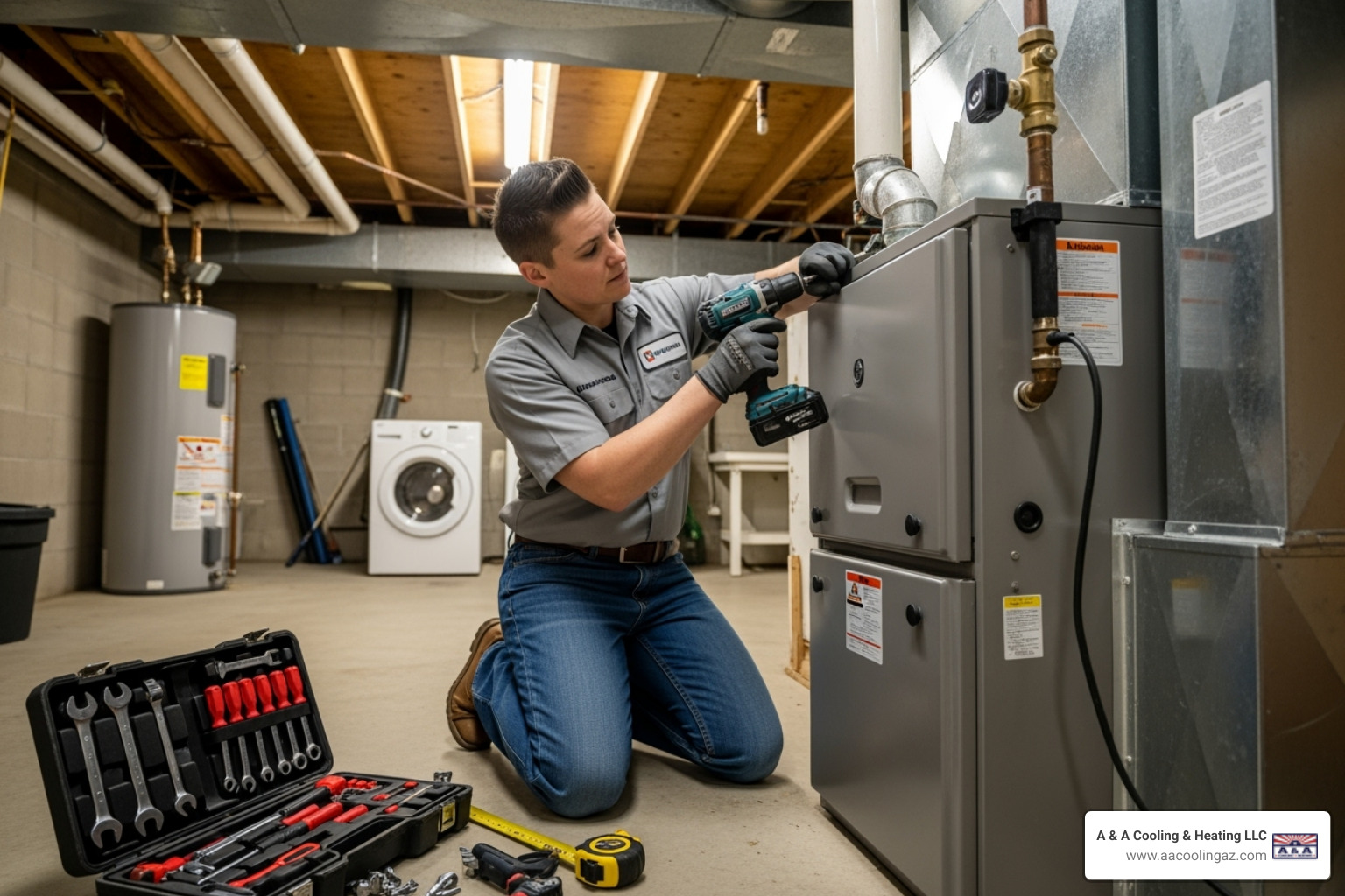 certified technician carefully installing a new furnace - Furnace replacement service