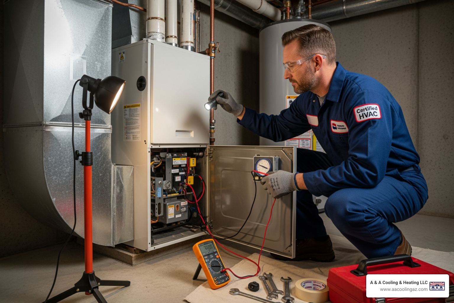 A certified HVAC technician safely inspecting a furnace unit, with tools laid out nearby - My heater is out and it's cold. Who offers emergency heating service in Glendale?