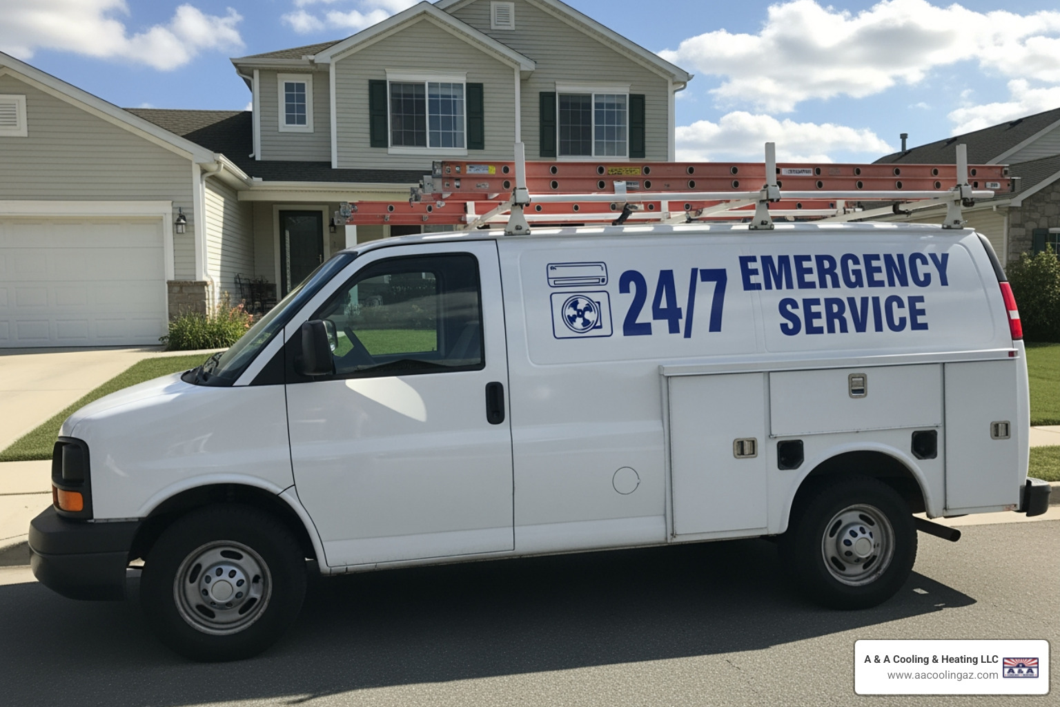 A professional HVAC service van with "24/7 Emergency Service" clearly visible on the side, parked in front of a residential home - My heater is out and it's cold. Who offers emergency heating service in Glendale?