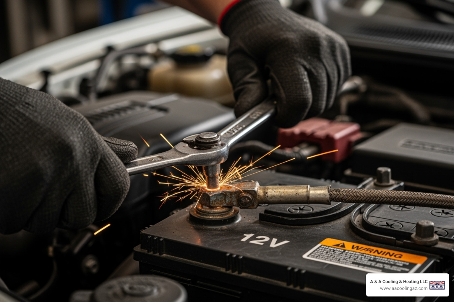 Person disconnecting a car battery terminal - Blower motor replacement