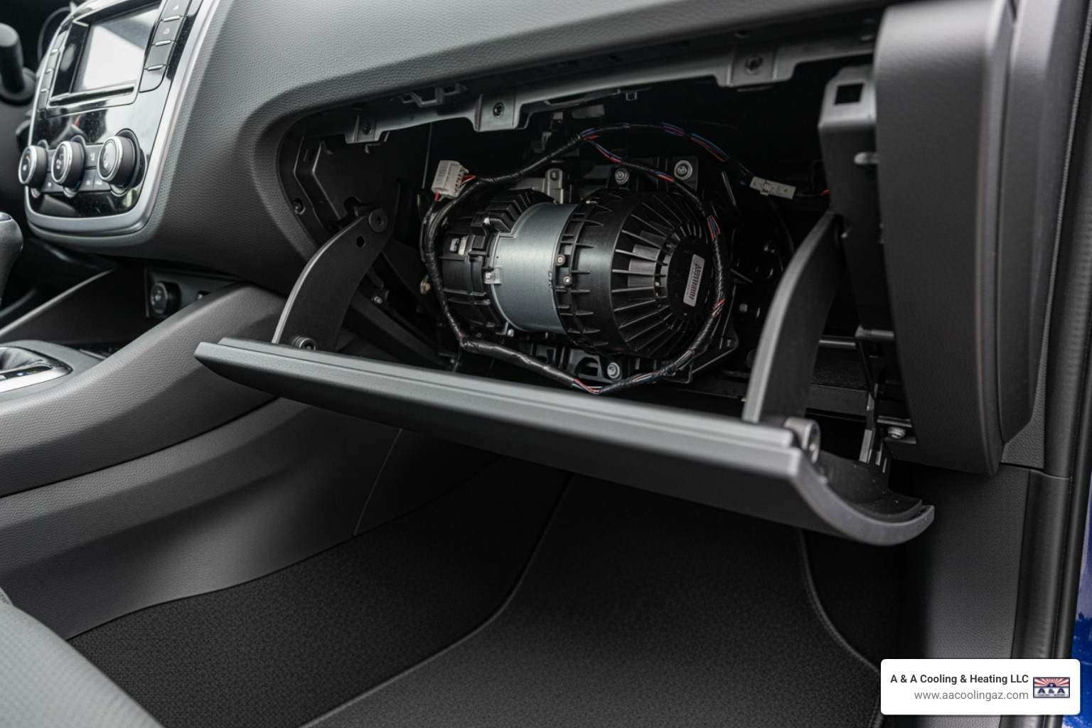 Typical location of a blower motor under a vehicle's passenger-side glove box - Blower motor replacement