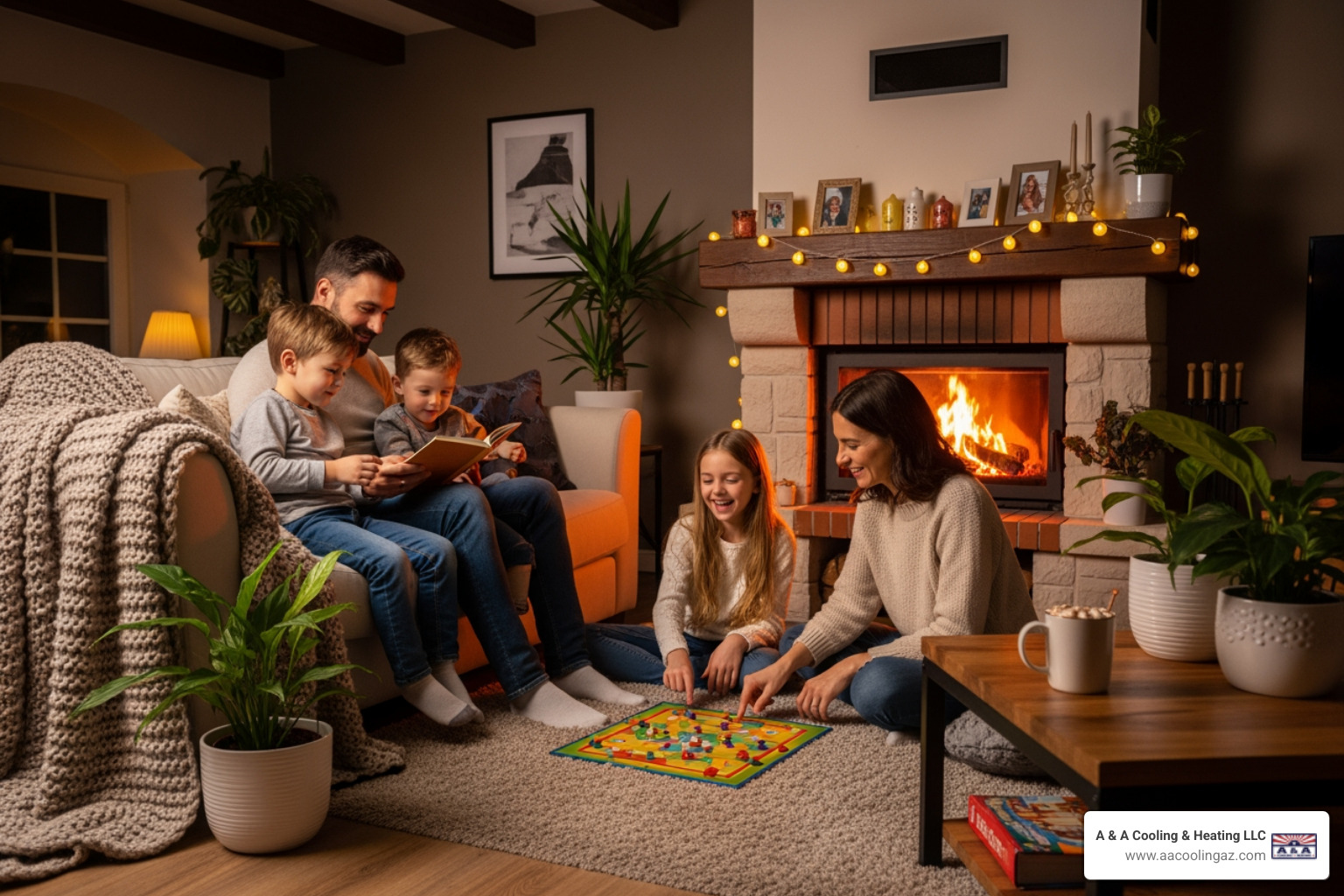 A happy family enjoying a warm, comfortable living room, with a cozy fire in the background - My heater is out and it's cold. Who offers emergency heating service in Glendale?