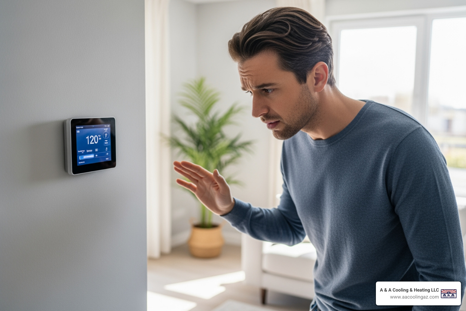 homeowner looking at a thermostat with a concerned expression - Heating repair Apache Junction homeowner looking at a thermostat with a concerned expression - Heating repair Apache Junction