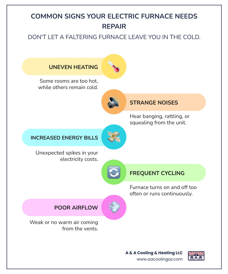 infographic showing common electric furnace problems including unusual noises, uneven heating, frequent cycling, increased energy bills, poor airflow, and thermostat issues, with icons representing each symptom - My electric furnace needs repair. Who services the Goodyear area? infographic infographic-line-5-steps-colors infographic showing common electric furnace problems including unusual noises, uneven heating, frequent cycling, increased energy bills, poor airflow, and thermostat issues, with icons representing each symptom - My electric furnace needs repair. Who services the Goodyear area? infographic infographic-line-5-steps-colors