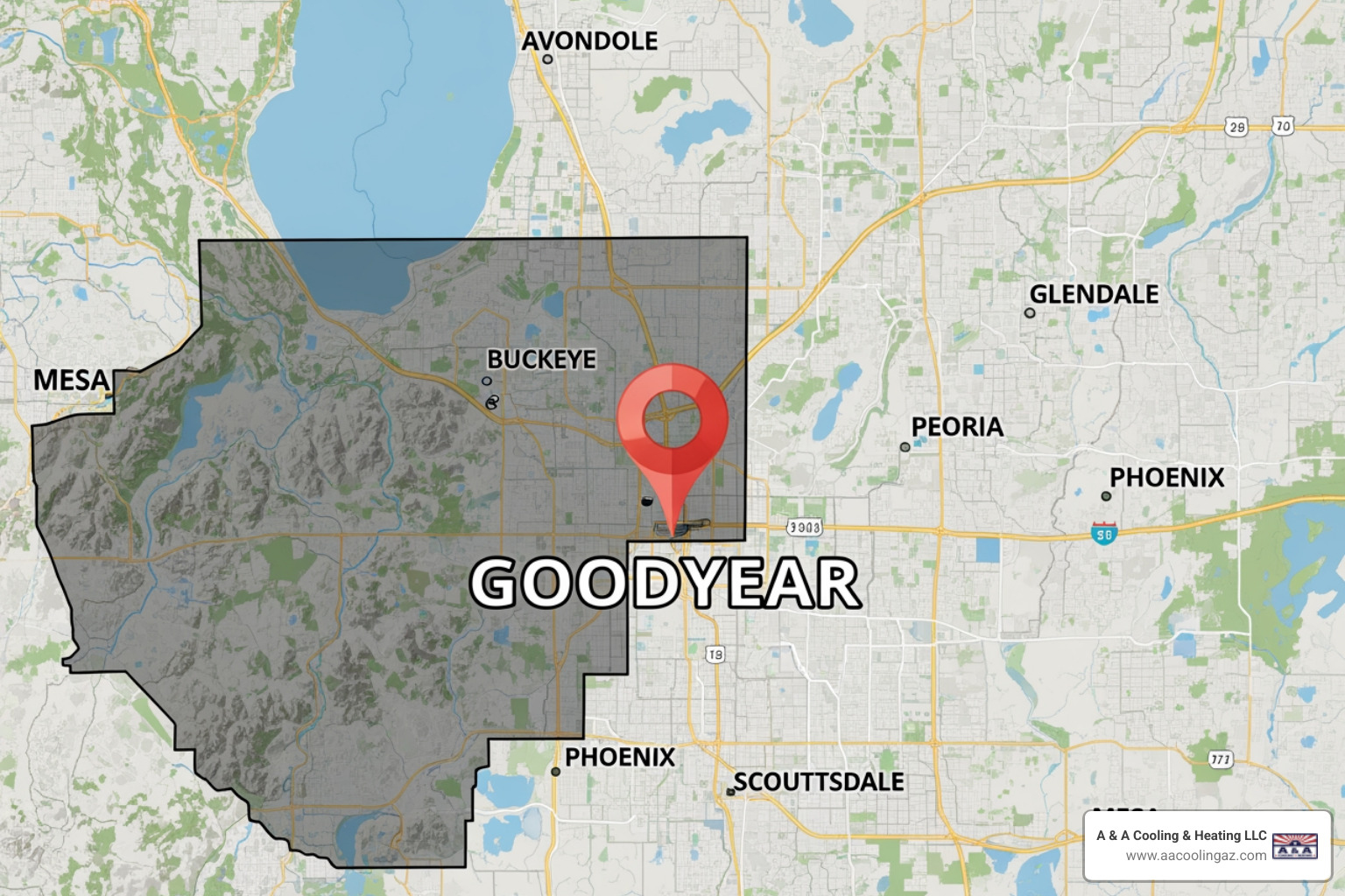 map highlighting Goodyear, AZ and surrounding service areas - My electric furnace needs repair. Who services the Goodyear area? map highlighting Goodyear, AZ and surrounding service areas - My electric furnace needs repair. Who services the Goodyear area?