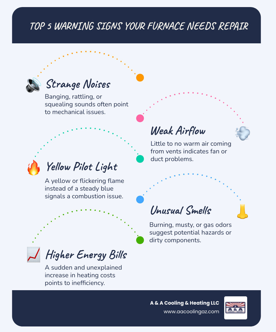 Infographic showing the top 5 warning signs your furnace needs repair in Tempe: strange noises from the unit, weak or inconsistent airflow, unusual odors like gas or burning smells, yellow pilot light instead of blue flame, and sudden increases in energy bills - furnace repair tempe infographic infographic-line-5-steps-blues-accent_colors Infographic showing the top 5 warning signs your furnace needs repair in Tempe: strange noises from the unit, weak or inconsistent airflow, unusual odors like gas or burning smells, yellow pilot light instead of blue flame, and sudden increases in energy bills - furnace repair tempe infographic infographic-line-5-steps-blues-accent_colors