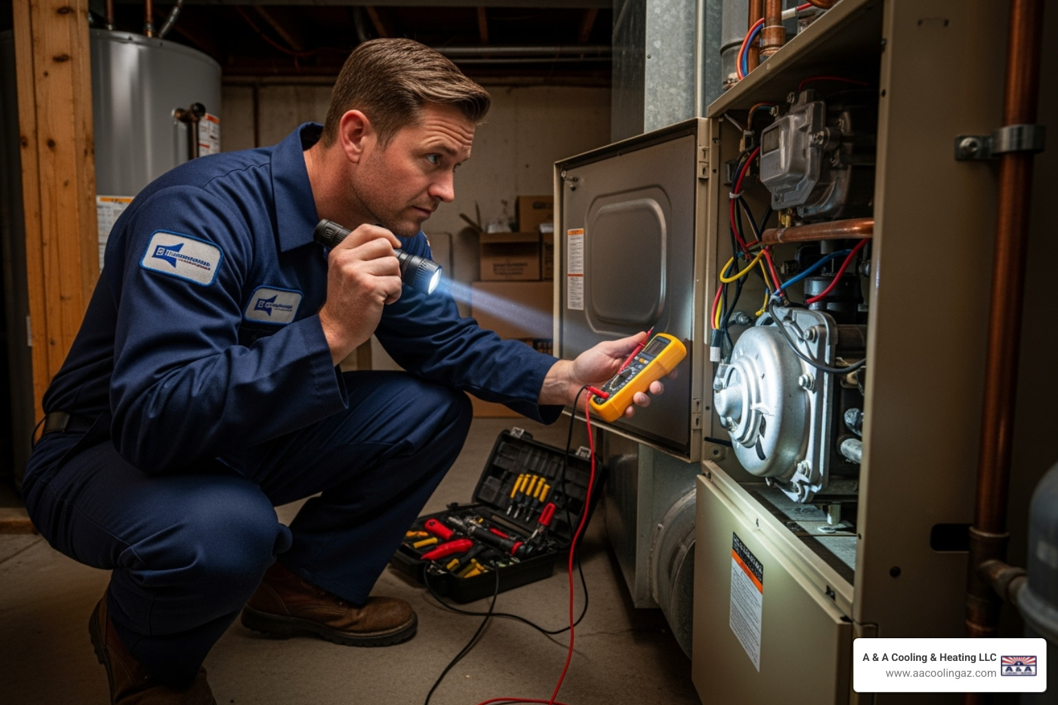 technician examining furnace components - furnace repair tempe technician examining furnace components - furnace repair tempe