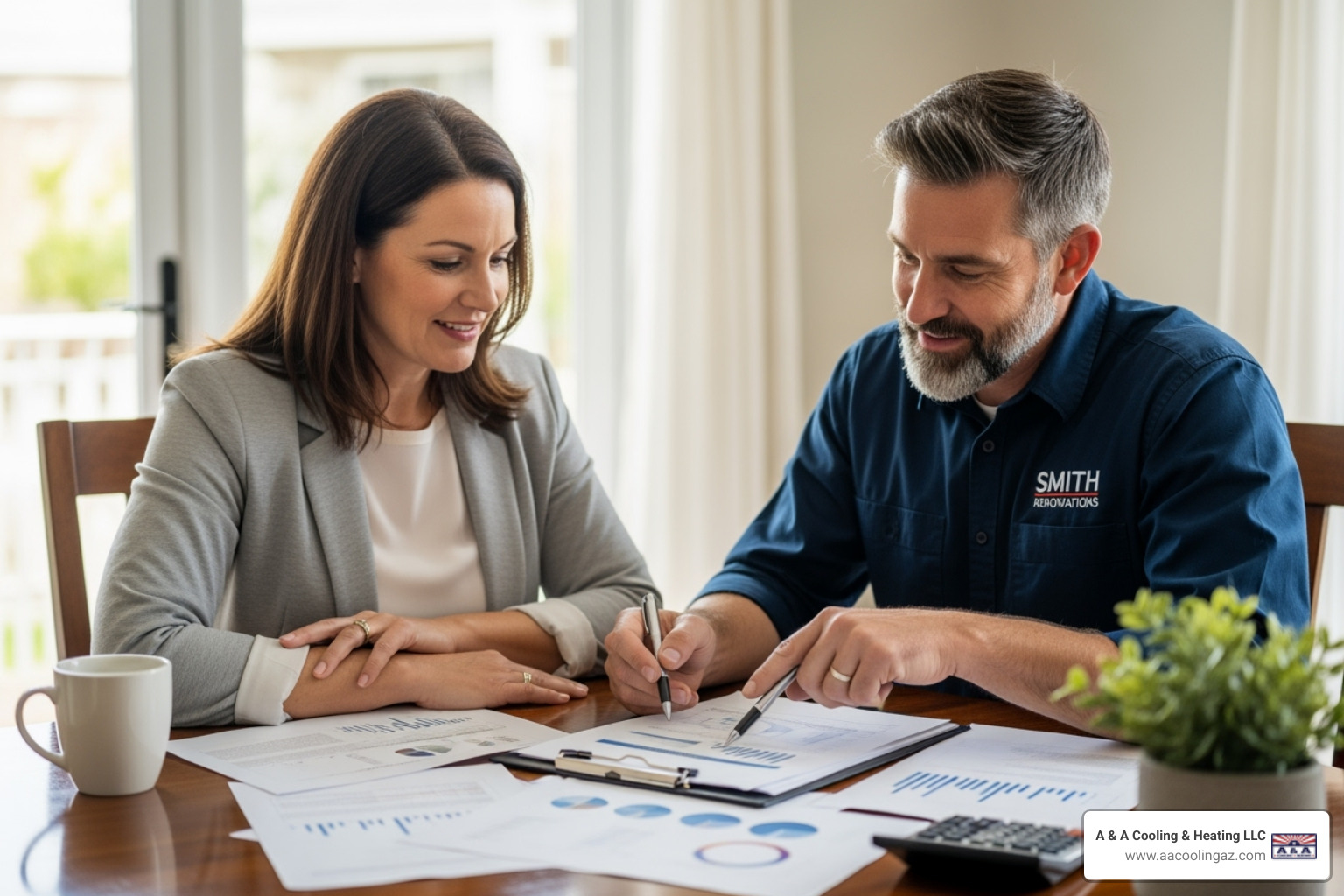 homeowner reviewing financing documents with a friendly contractor - heat pump installation financing