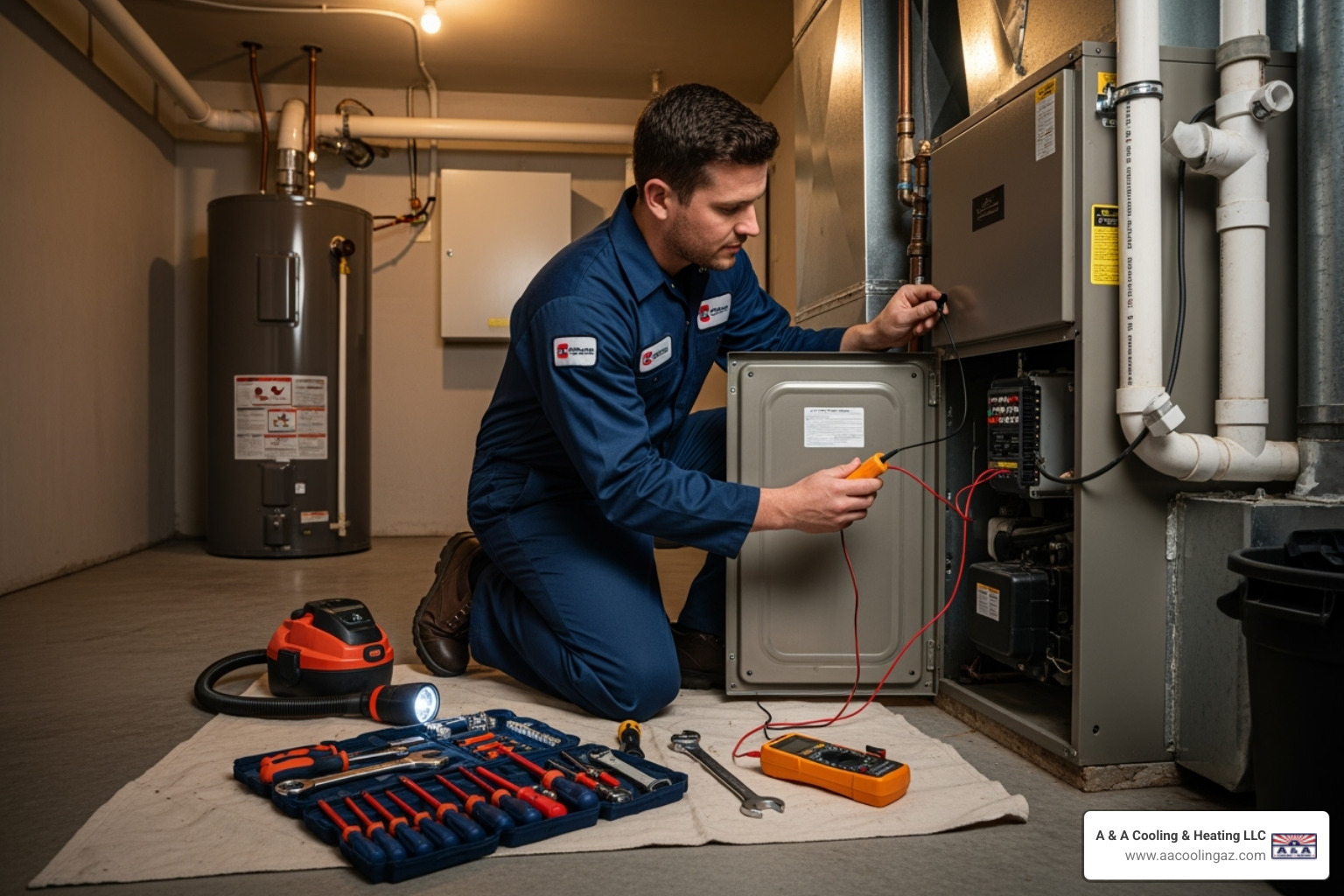 of a professional technician inspecting a furnace with proper tools - emergency furnace repair queen creek