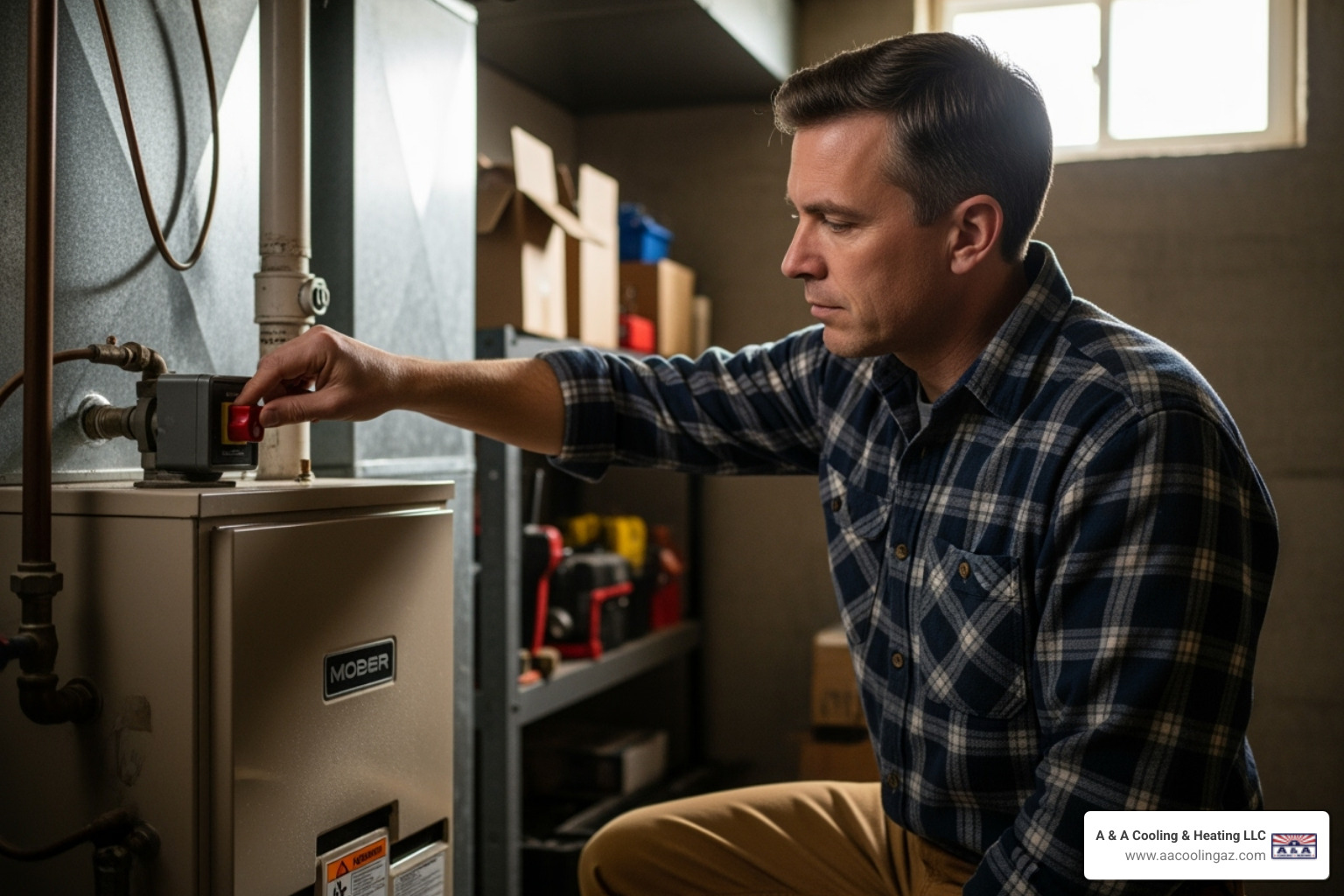 of a homeowner safely turning off the power to their furnace - emergency furnace repair queen creek