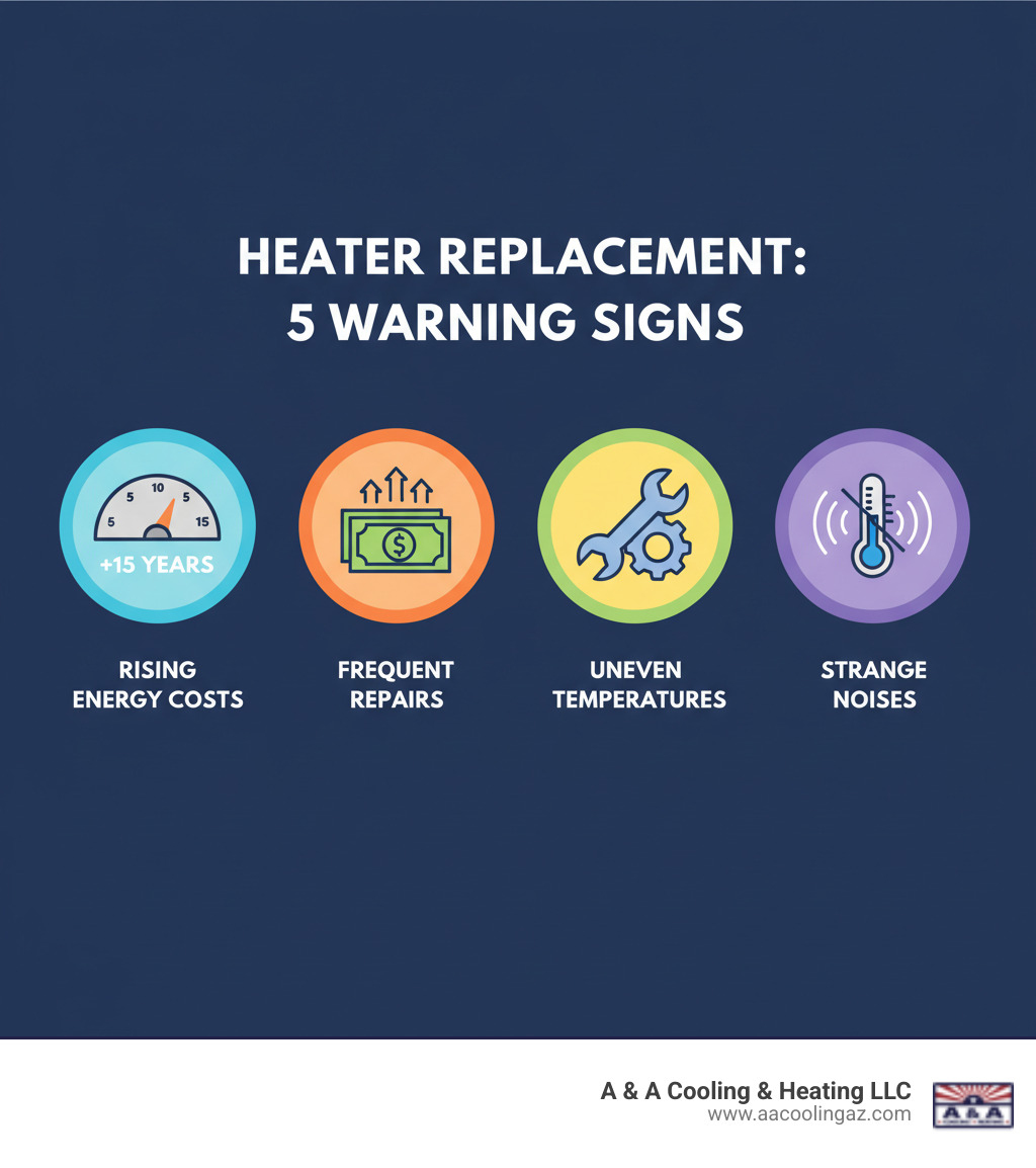 infographic showing 5 warning signs for heater replacement with icons for age meter showing 15 plus years, dollar bills rising upward for energy costs, wrench for frequent repairs, thermometer showing uneven temperatures, and sound waves for strange noises - Heater replacement service infographic infographic showing 5 warning signs for heater replacement with icons for age meter showing 15 plus years, dollar bills rising upward for energy costs, wrench for frequent repairs, thermometer showing uneven temperatures, and sound waves for strange noises - Heater replacement service infographic