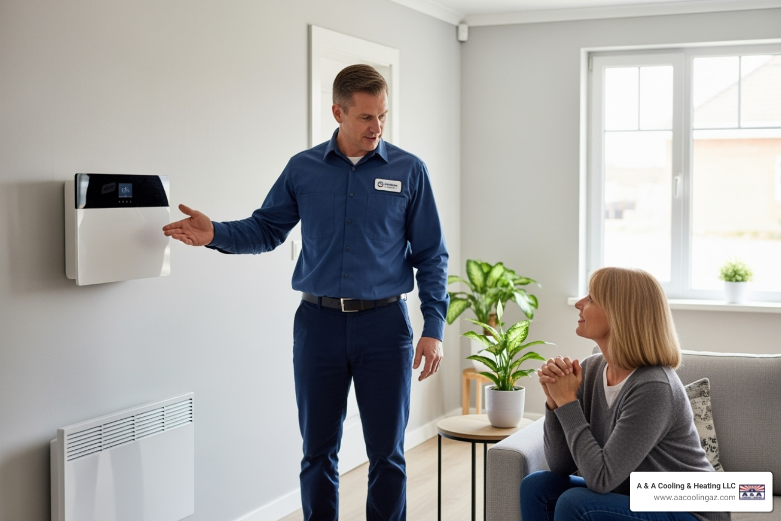 HVAC technician explaining new system to homeowner - Heater replacement service HVAC technician explaining new system to homeowner - Heater replacement service