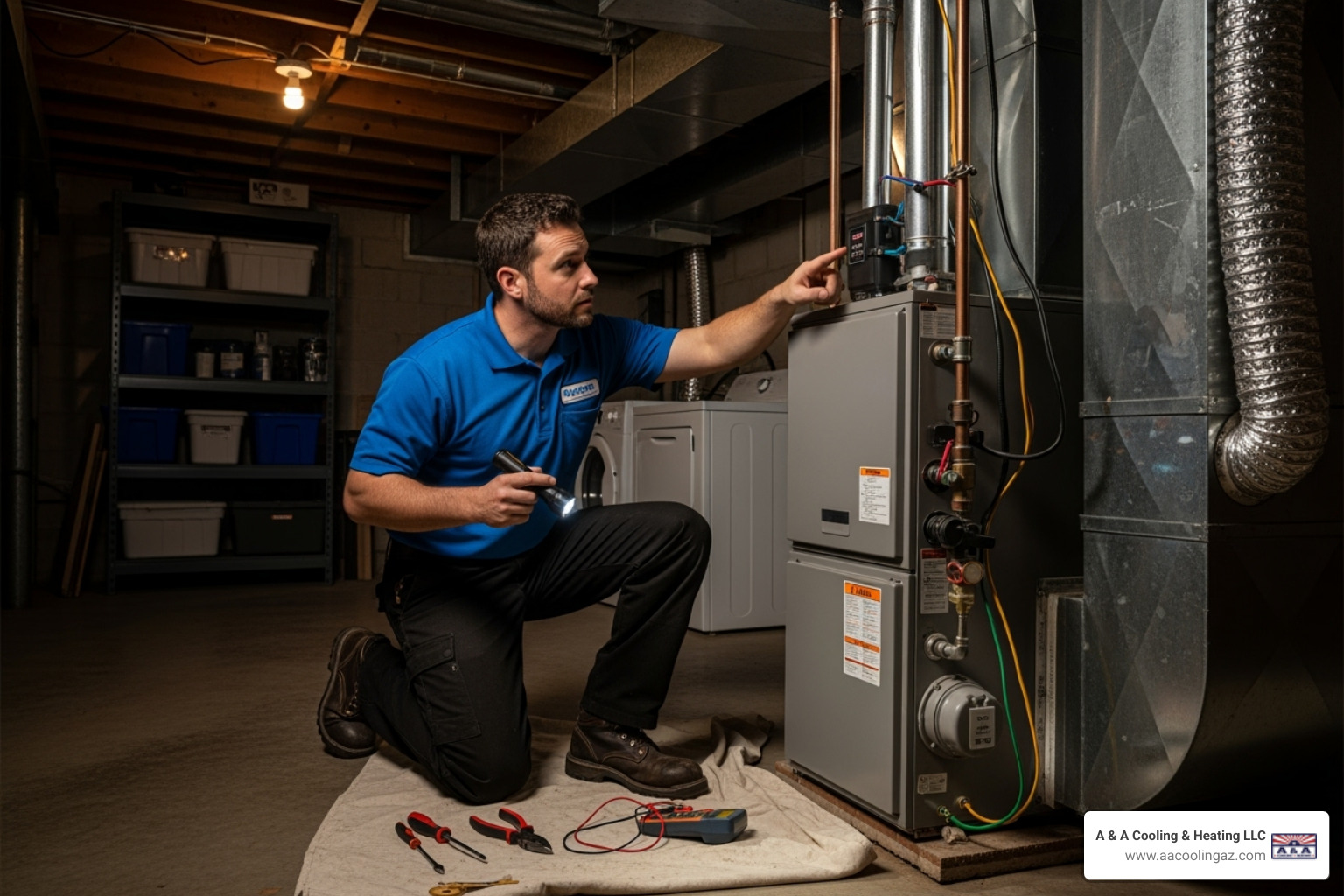 HVAC technician performing maintenance on a furnace - Heater replacement service HVAC technician performing maintenance on a furnace - Heater replacement service