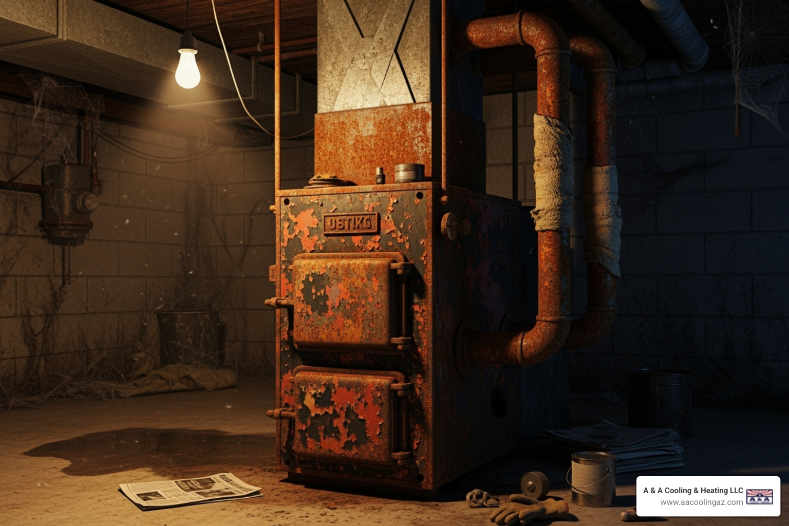 old rusty furnace in a dimly lit basement - Heater replacement service old rusty furnace in a dimly lit basement - Heater replacement service