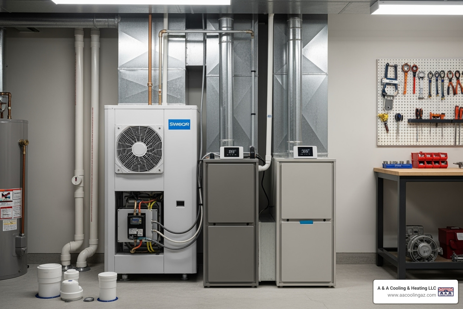 modern high-efficiency heat pump and furnace side-by-side - Heater replacement service modern high-efficiency heat pump and furnace side-by-side - Heater replacement service