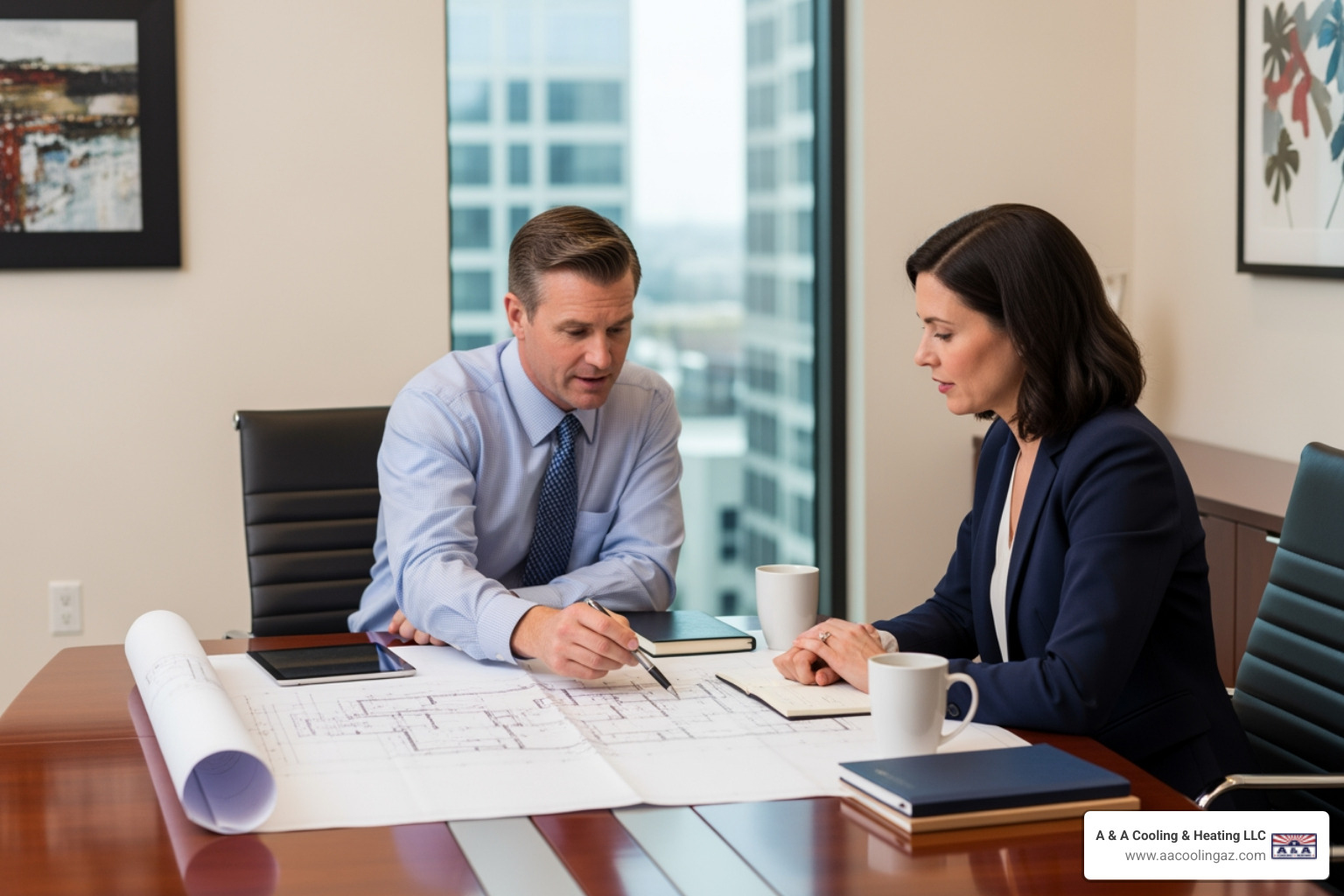 engineer reviewing building blueprints with a client - Commercial heating installation