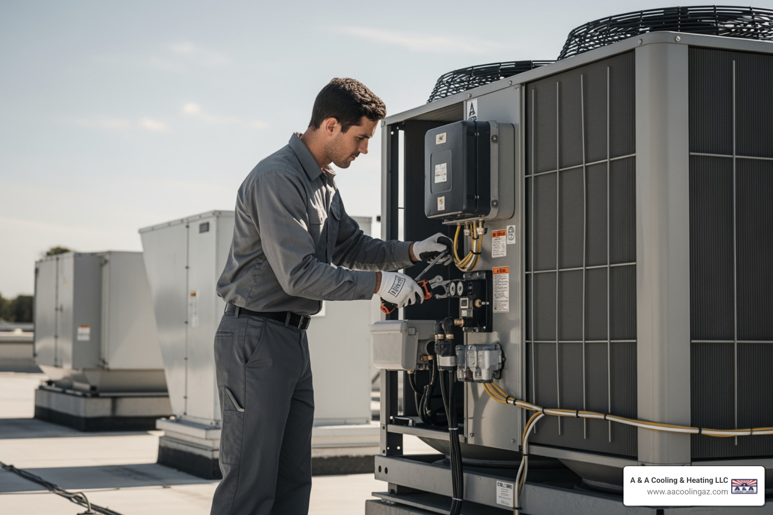 technician performing maintenance on a commercial unit - Commercial heating installation