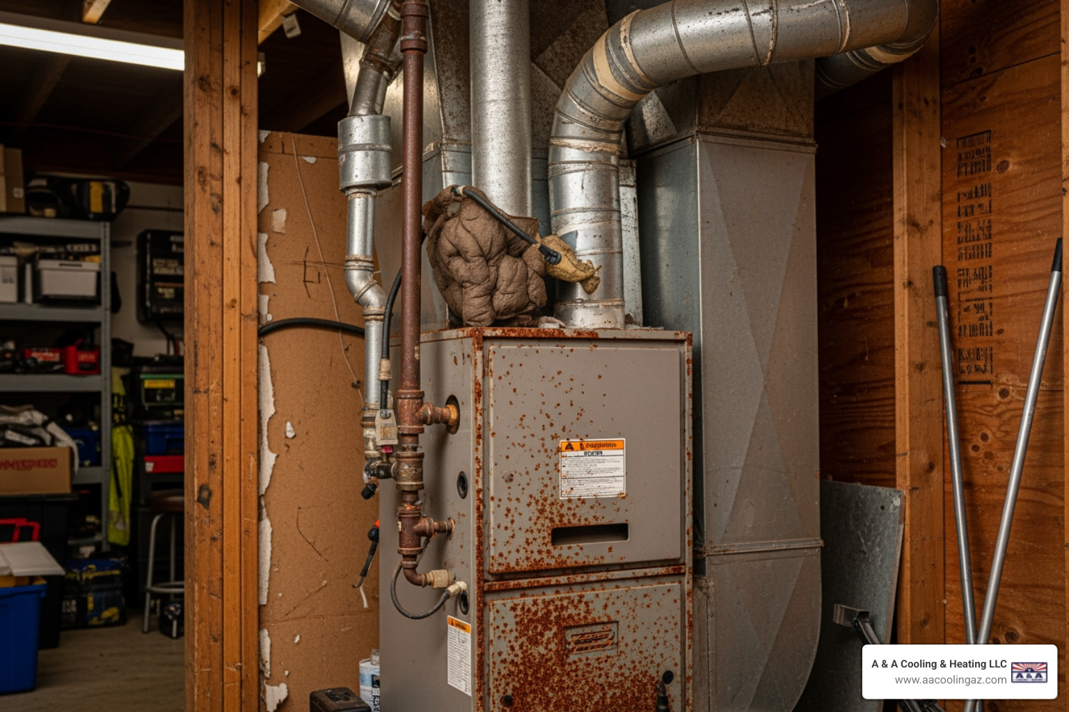 Old, rusted furnace unit in a garage - Heater installation Mesa AZ