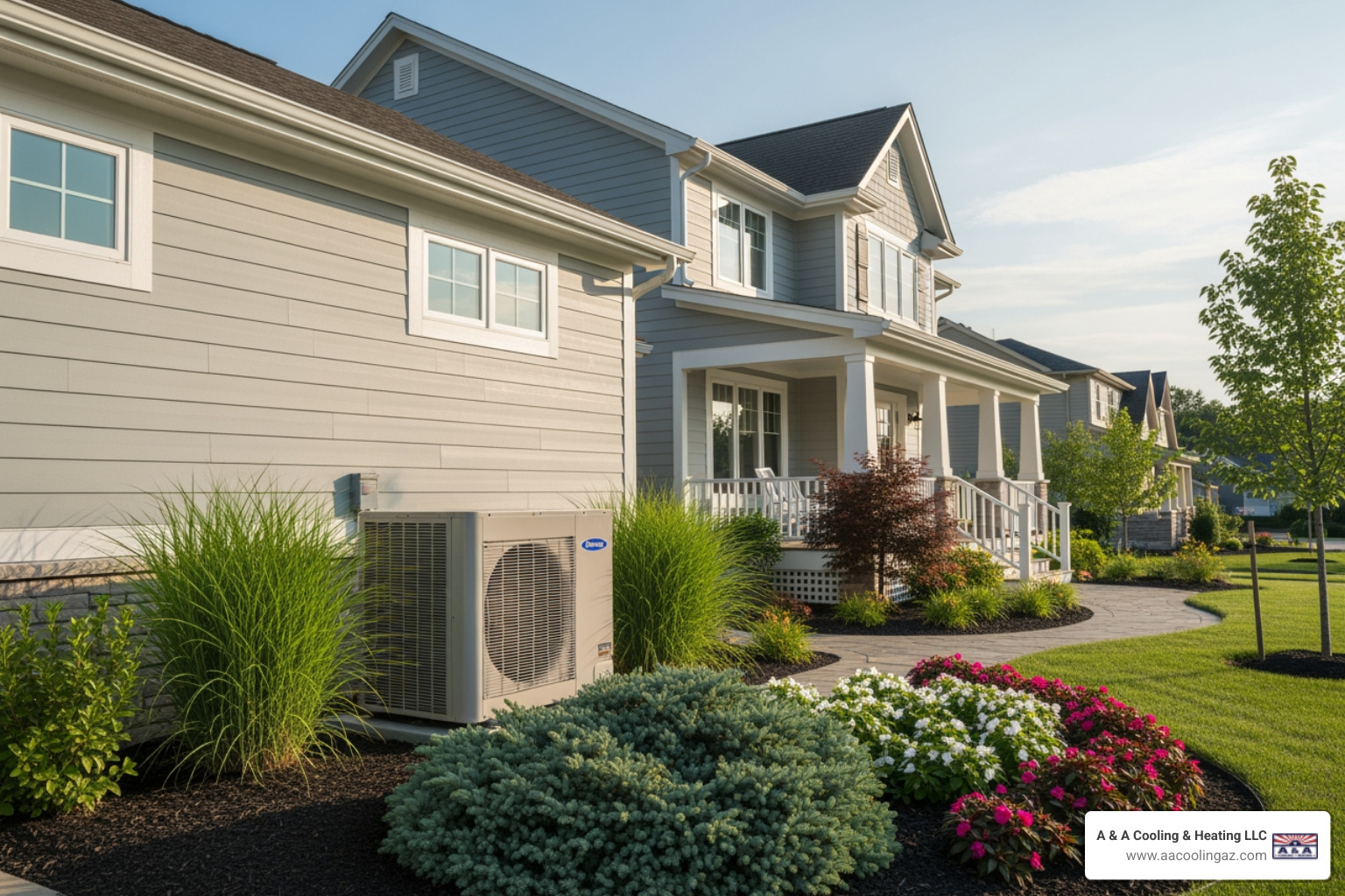 A heat pump unit outside a suburban home, blending into the landscape - Heating installation Chandler