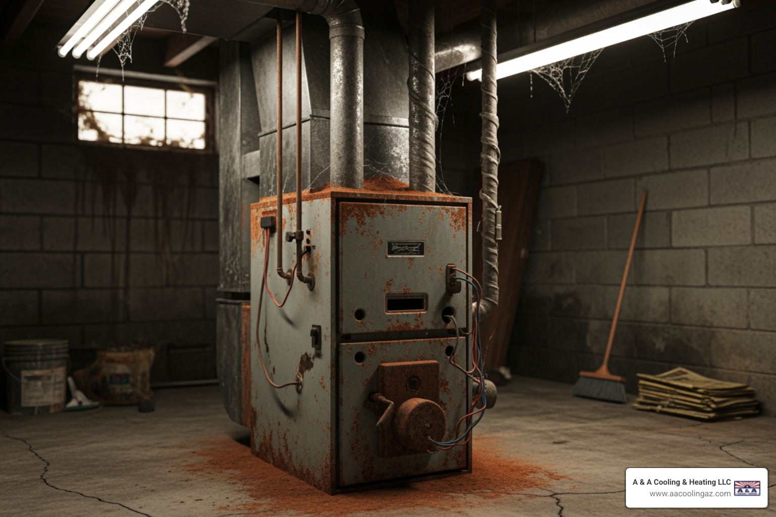 An old, inefficient furnace unit showing signs of wear and tear - Heating installation Chandler