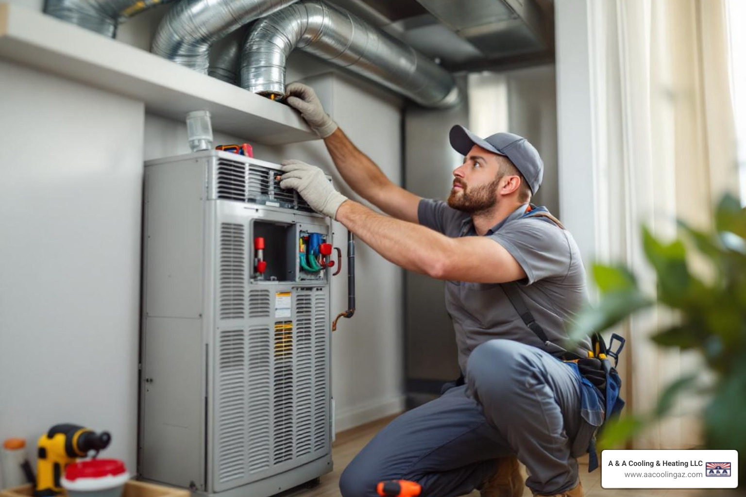 Infographic showing the complete heating installation process in San Tan Valley: initial home assessment and Manual J calculation, equipment selection based on climate needs, professional installation with ductwork inspection, post-installation safety testing and commissioning, and ongoing maintenance schedule with filter changes and annual tune-ups - Heating installation San Tan Valley