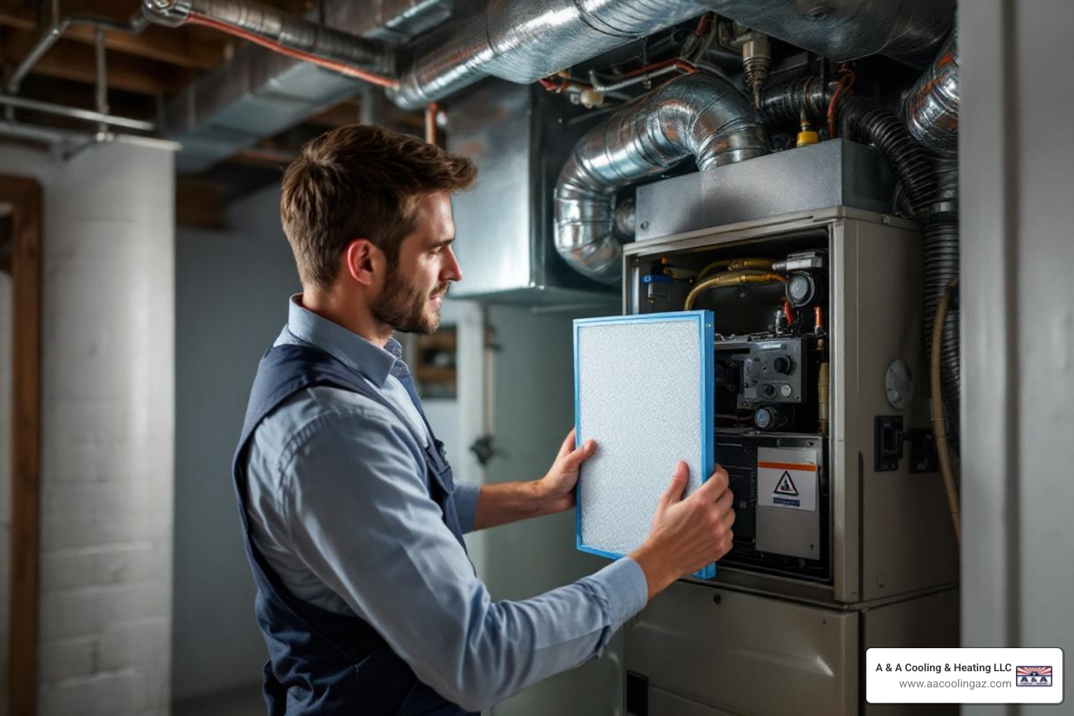 A homeowner easily changing a clean air filter in their furnace, highlighting simple post-installation care - Heating installation San Tan Valley