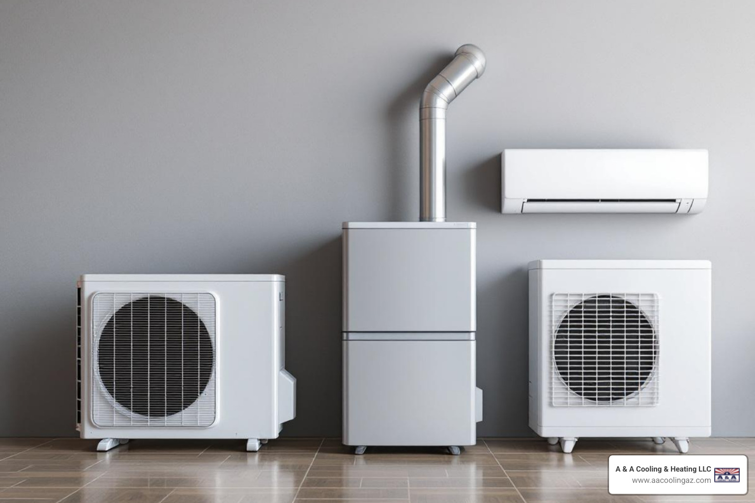 A heat pump, a gas furnace, and a ductless mini-split unit side-by-side, representing suitable heating systems for San Tan Valley homes - Heating installation San Tan Valley
