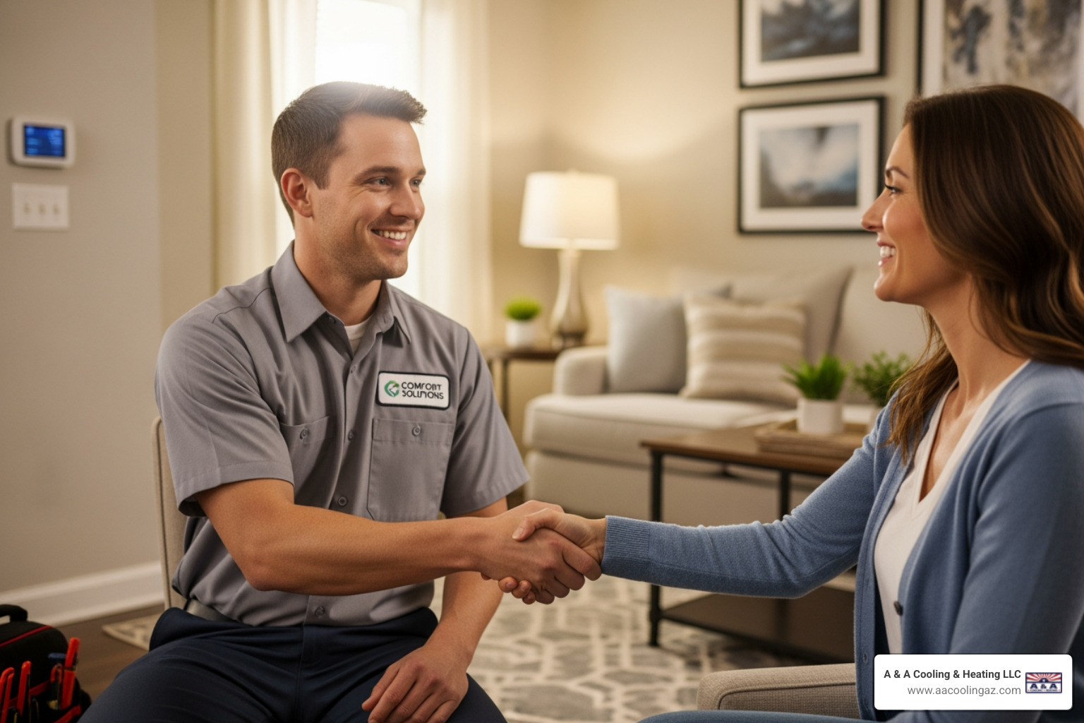 friendly technician shaking hands with homeowner - Heating installation Apache Junction