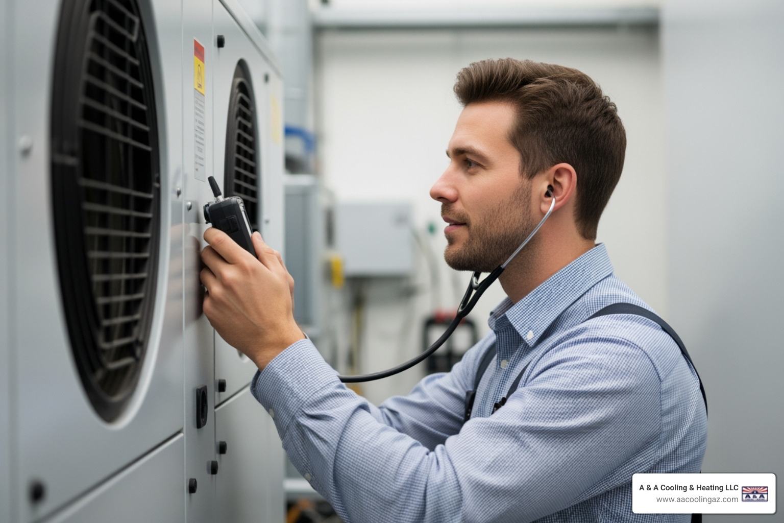 technician listening to a commercial heating unit with diagnostic tools - Commercial heating repair