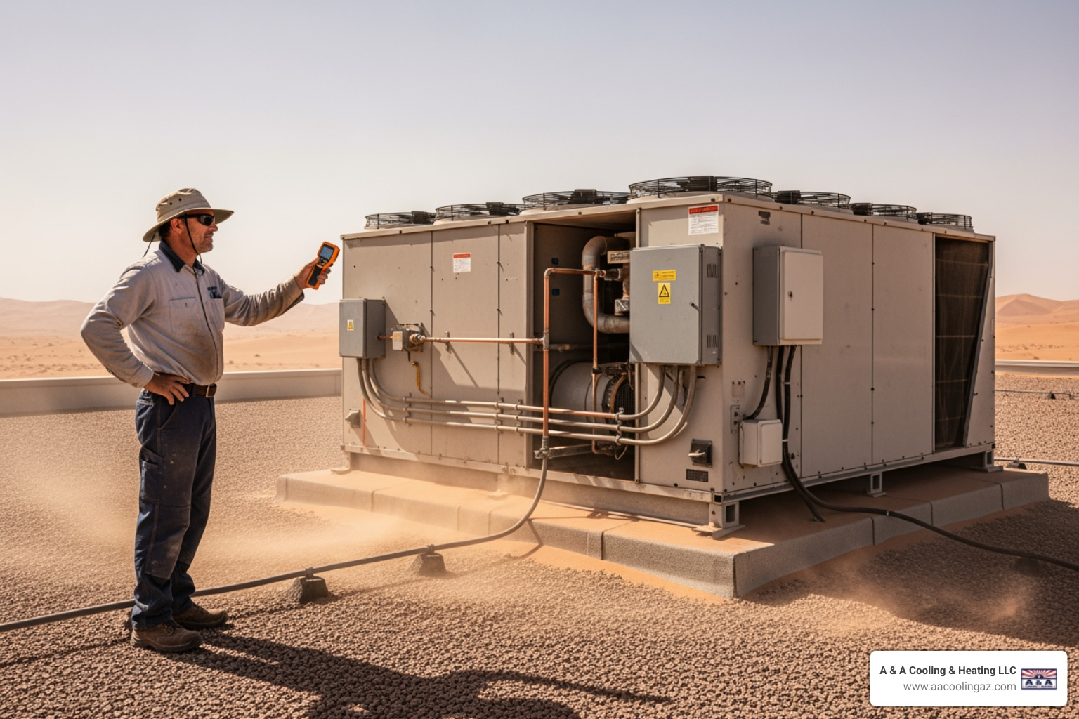 infographic showing top 5 commercial HVAC problems in Chandler AZ: overworked rooftop units from extreme heat, clogged filters and coils from desert dust, refrigerant leaks in refrigeration systems, control failures after monsoon storms, and uneven temperature control in large facilities - commercial hvac repair chandler az