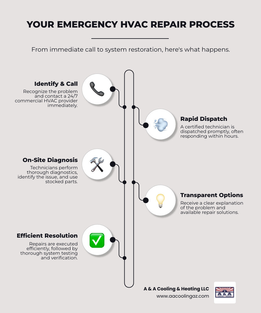 Infographic showing the emergency HVAC repair process: Step 1 - Identify the problem and call 24/7 provider, Step 2 - Technician dispatched immediately with response within hours, Step 3 - On-site diagnosis with stocked parts, Step 4 - Transparent explanation and repair options, Step 5 - Efficient repair and system testing - 24 hour commercial hvac repair in tempe, az infographic infographic-line-5-steps-elegant_beige Infographic showing the emergency HVAC repair process: Step 1 - Identify the problem and call 24/7 provider, Step 2 - Technician dispatched immediately with response within hours, Step 3 - On-site diagnosis with stocked parts, Step 4 - Transparent explanation and repair options, Step 5 - Efficient repair and system testing - 24 hour commercial hvac repair in tempe, az infographic infographic-line-5-steps-elegant_beige