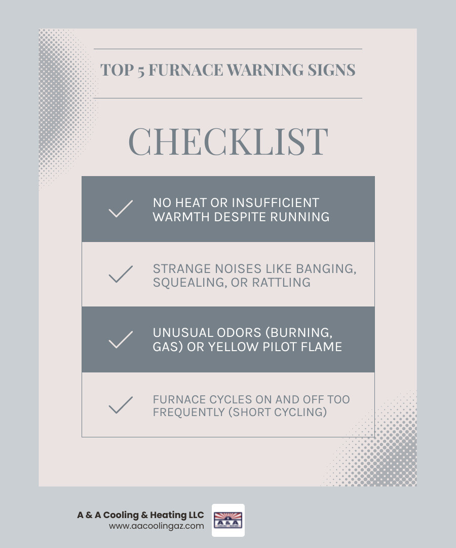 Infographic showing the top 5 warning signs your furnace needs immediate attention: 1. No heat or insufficient warmth despite the furnace running, 2. Strange noises like banging, squealing, grinding, or rattling, 3. Yellow or flickering pilot flame on gas furnaces indicating incomplete combustion, 4. Unusual odors such as burning or metallic smells, 5. Furnace cycling on and off too frequently without completing a heating cycle - furnace repair gold canyon az infographic checklist-light-blue-grey